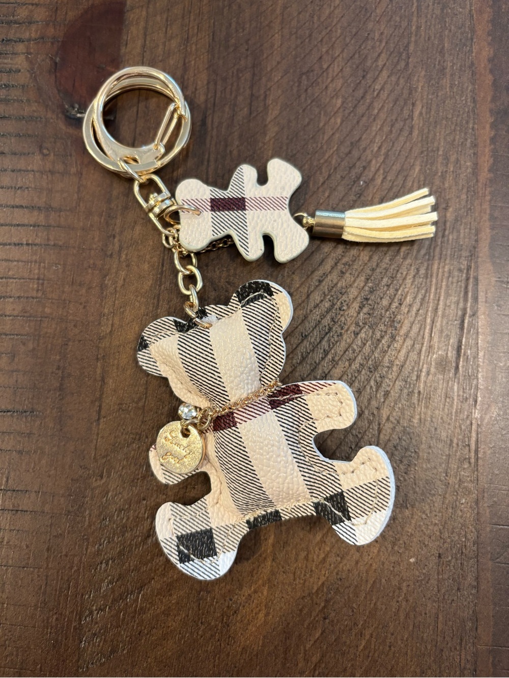 New! Plaid Teddy Bear Tassel Keychain Bag Charm Gold Tone